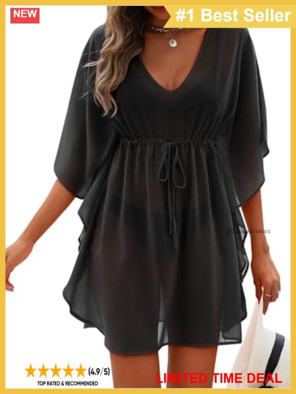 Womens Sheer Chiffon Beach Swimsuit Coverup Mini Dress Tie Waist V-Neck